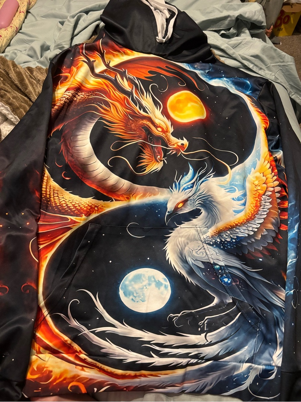 Men's Black Hooded Sweatshirt with Fiery Dragon & Celestial Phoenix Graphic